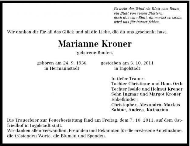 Bonfert Marianne 1936-2011 Todesanzeige